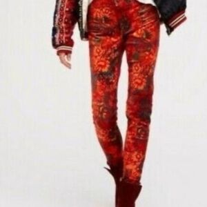 Free People Lennon Floral Funkytown orange-red velvet skinny pants size 2